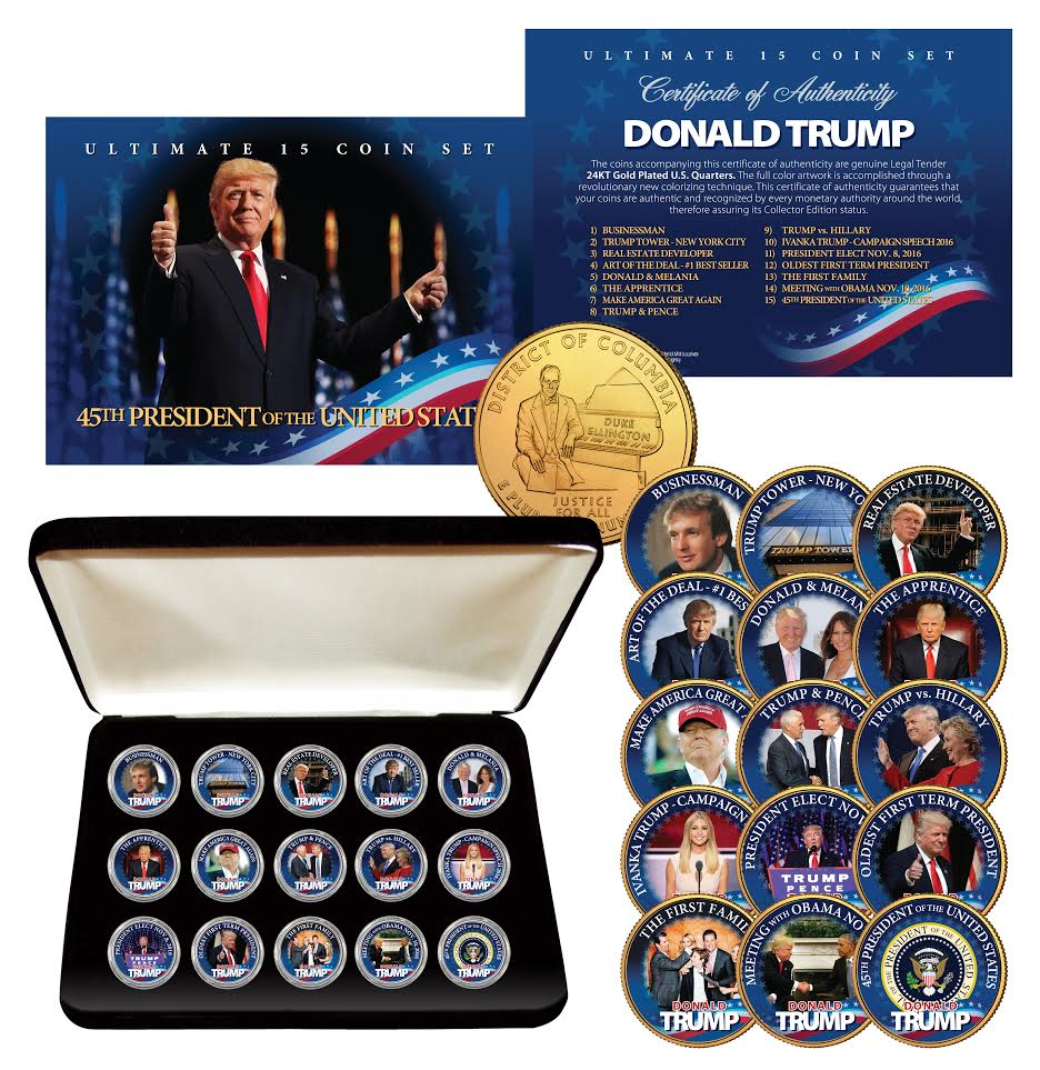 DONALD TRUMP 15Coin Golden Washington DC Quarter Coin Set w/BOX